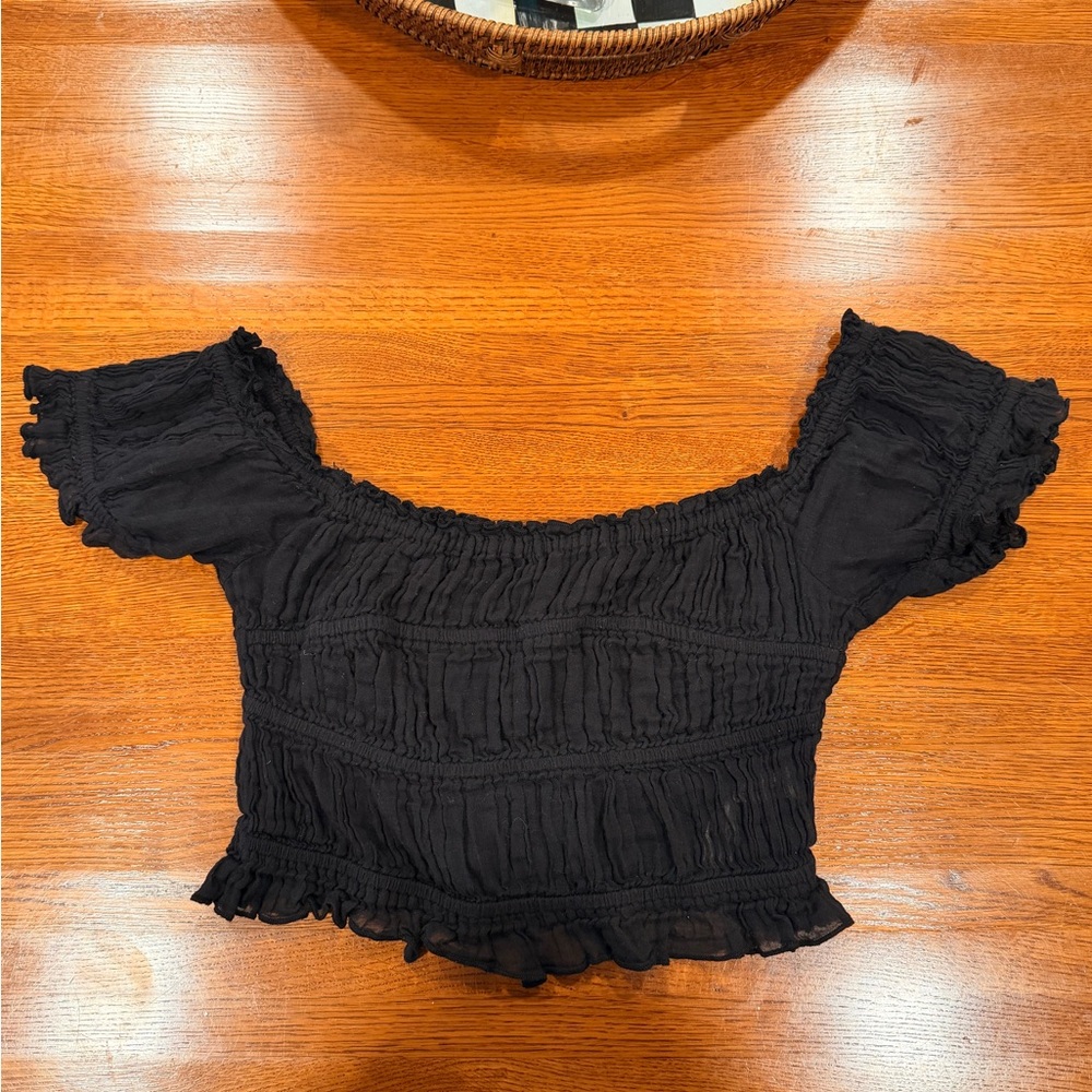 Free People Black Textured Off-Shoulder Crop Top